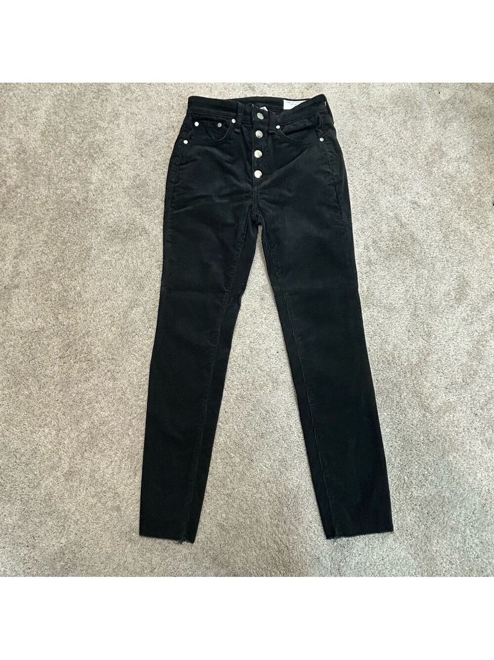 Rag&bone black corduroy button fly high-rise ankle skinny raw unfinished hem 25